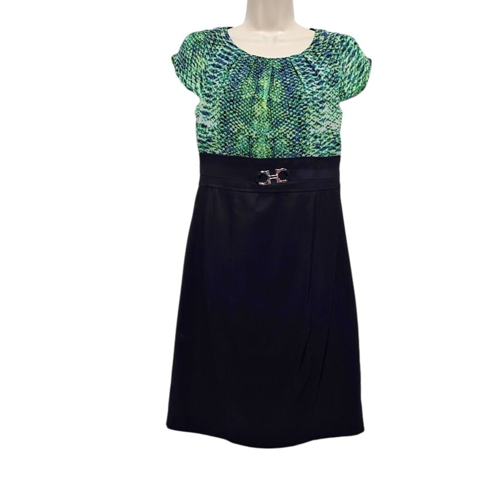 Alyx Limited Womens Size 6  Green Blue Print Short Sleeve Belted Sheath Dress Lq
